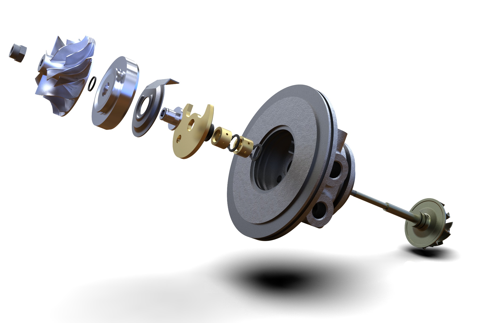 Exploded turbocharger assembly
